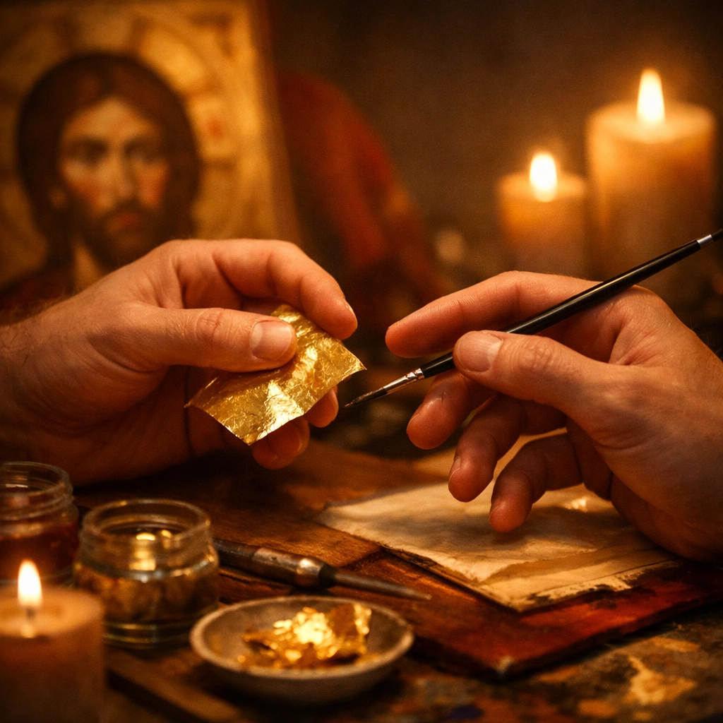 Hands of two men nearly touching while restoring religious icons, forbidden MM romance