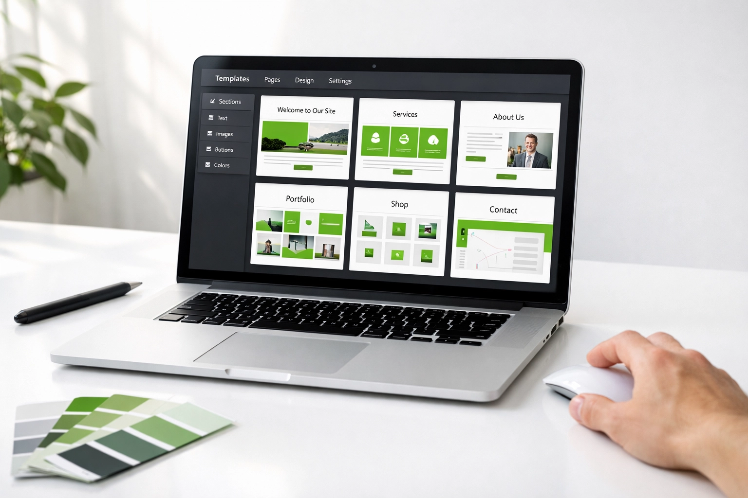 Laptop displaying customizable online store builder templates with design tools on white desk