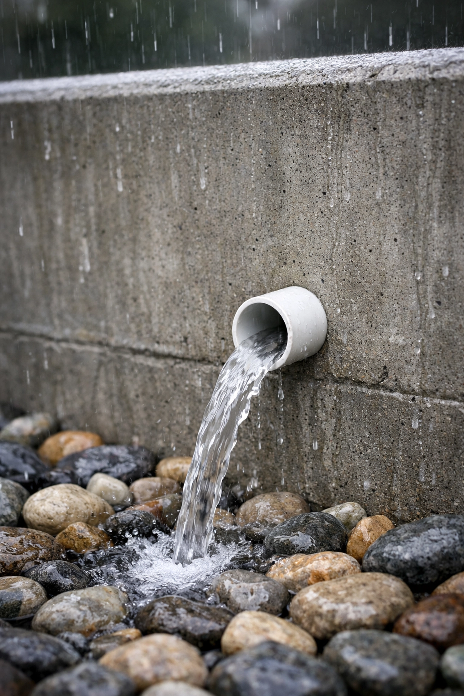 Close-up of a concrete retaining wall drainage system showing a weep hole discharging water during rain.