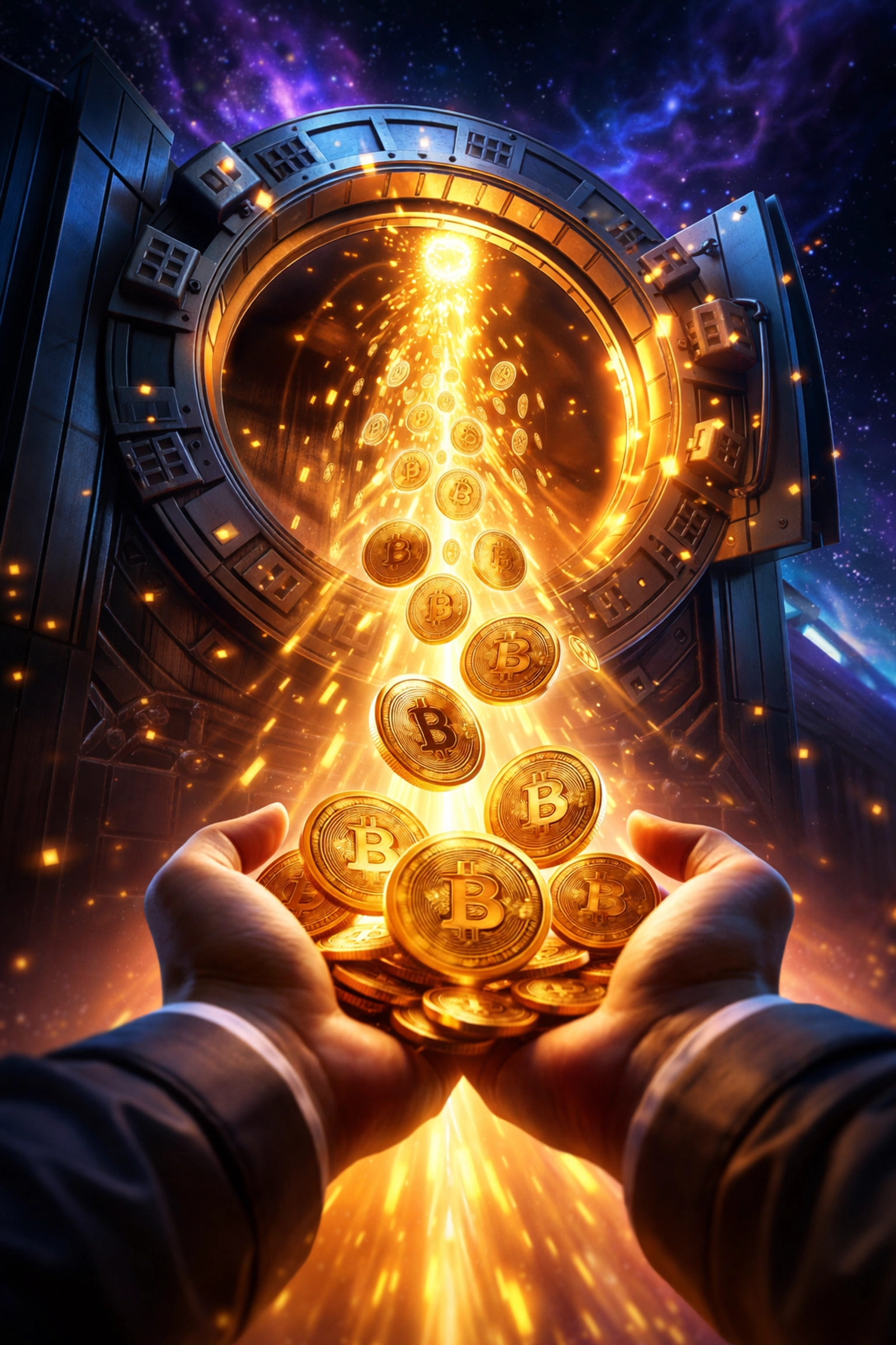 A secure digital vault unlocking, releasing cryptocurrency coins into a merchant’s hands, symbolizing instant self-custody with Larecoin.