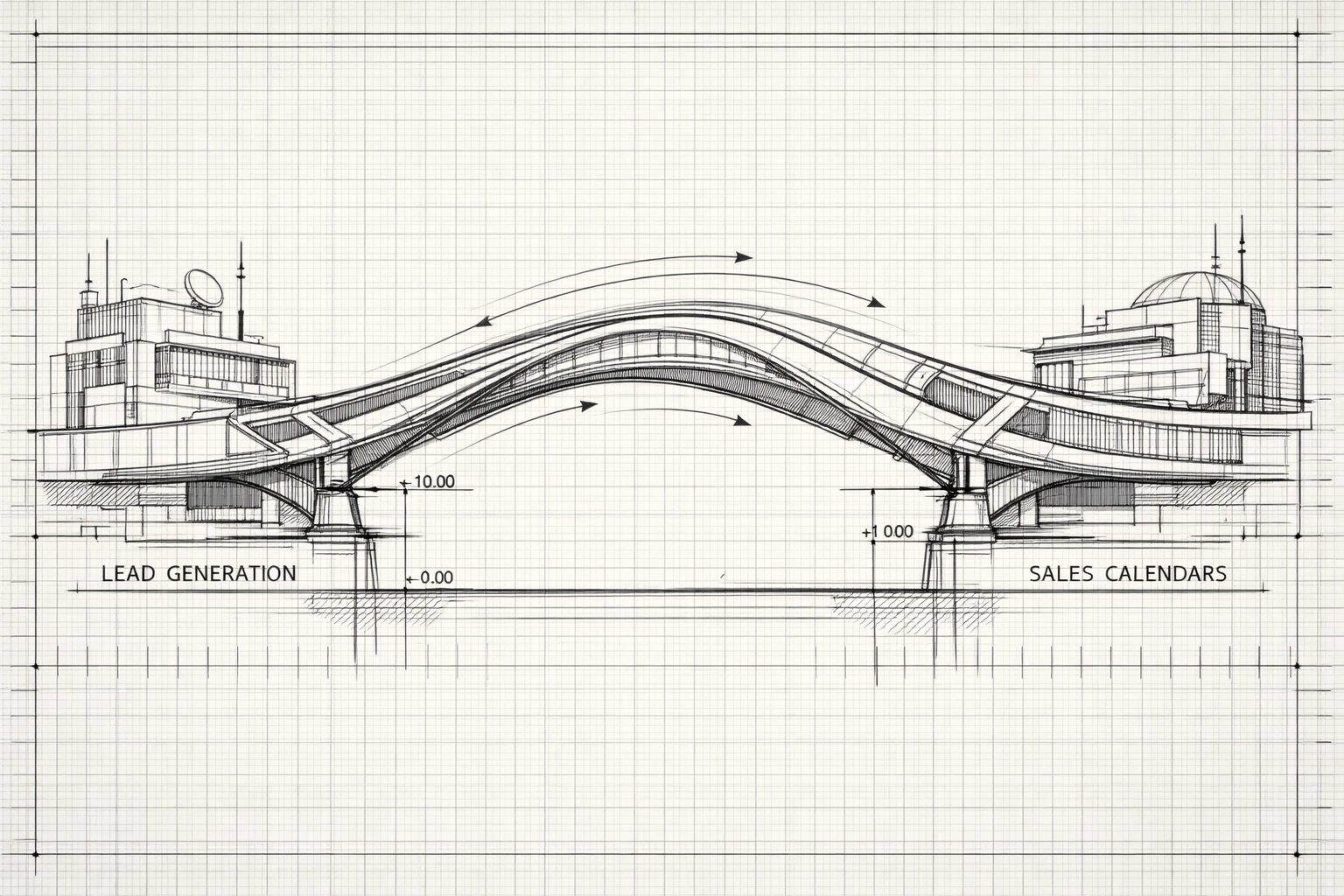 Technical drawing of a bridge representing the integration of lead generation and CRM automation.