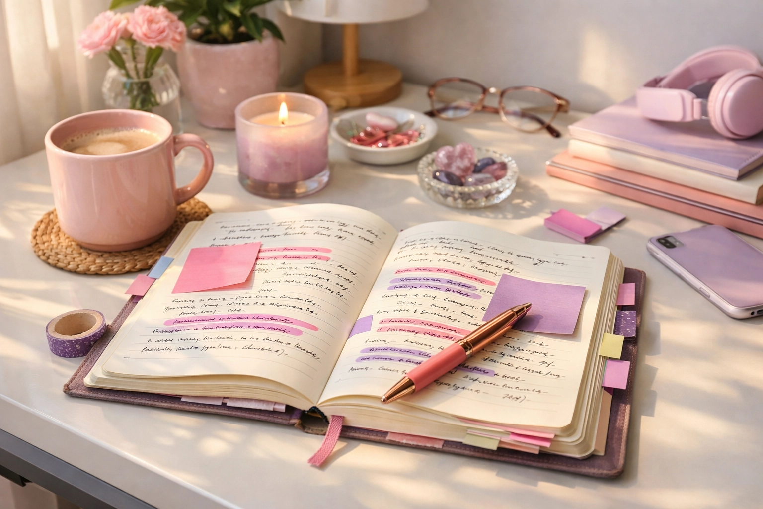 An open, messy-but-beautiful journal with highlighted notes and sticky tabs on a desk in soft morning light.