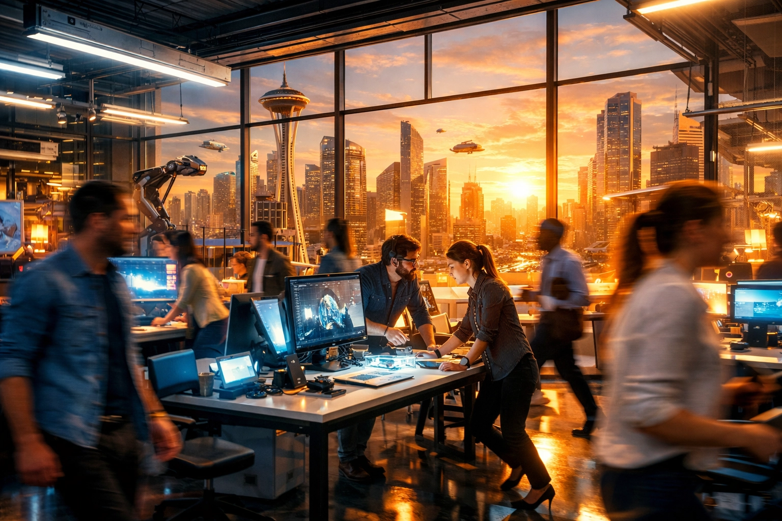 Energetic professional workforce in a modern high-tech hub reflecting robust economic expansion.