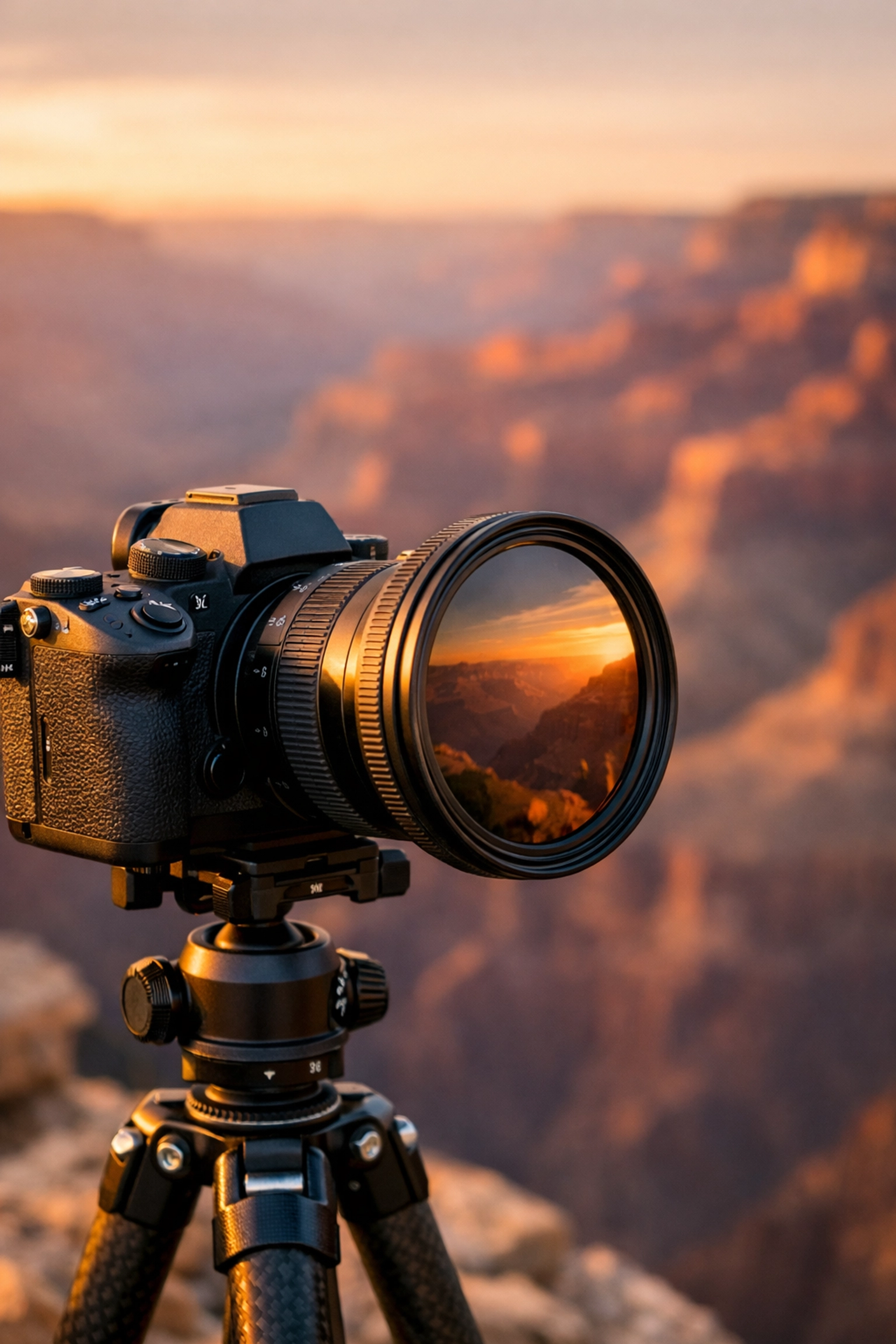 Professional photography gear on a tripod overlooking a canyon during golden hour at popular photo spots.