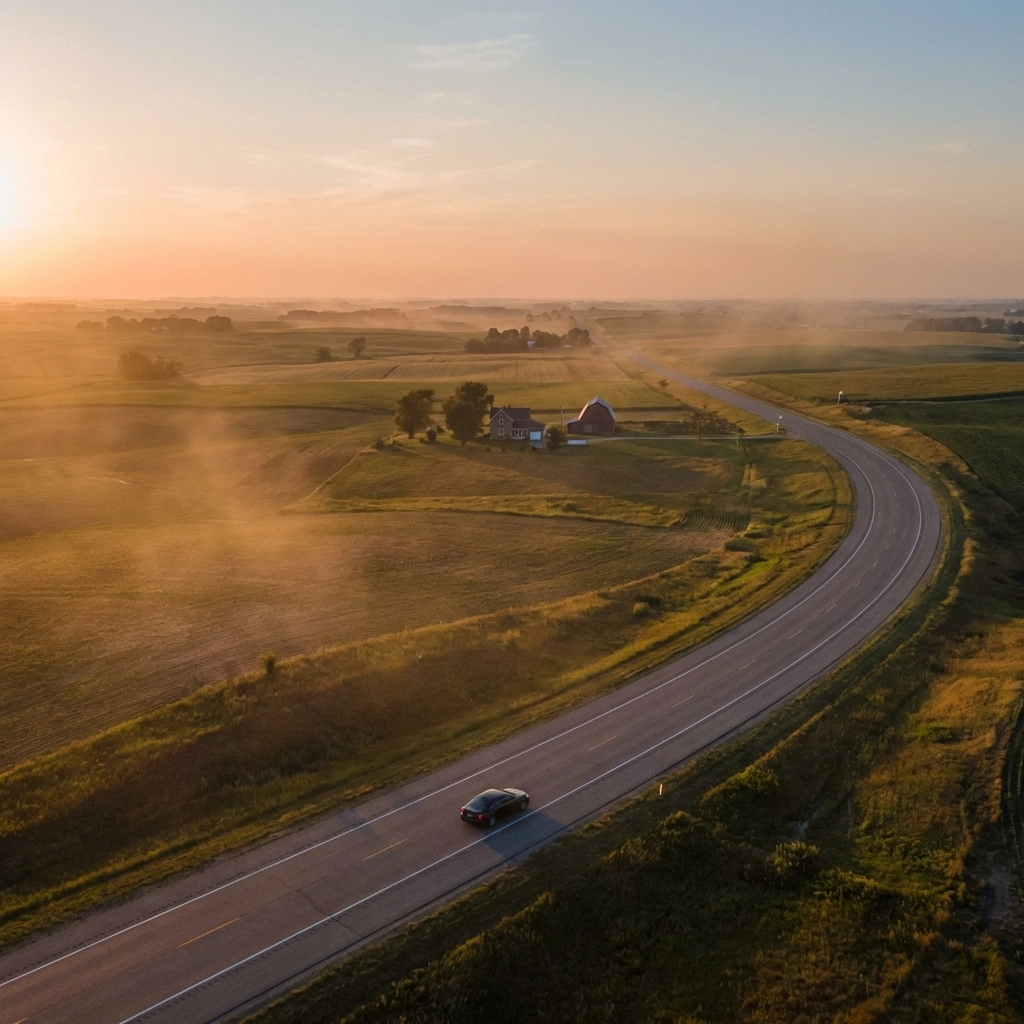 A car drives down a peaceful country highway at sunset, symbolizing steady but cautious economic progress in 2026.
