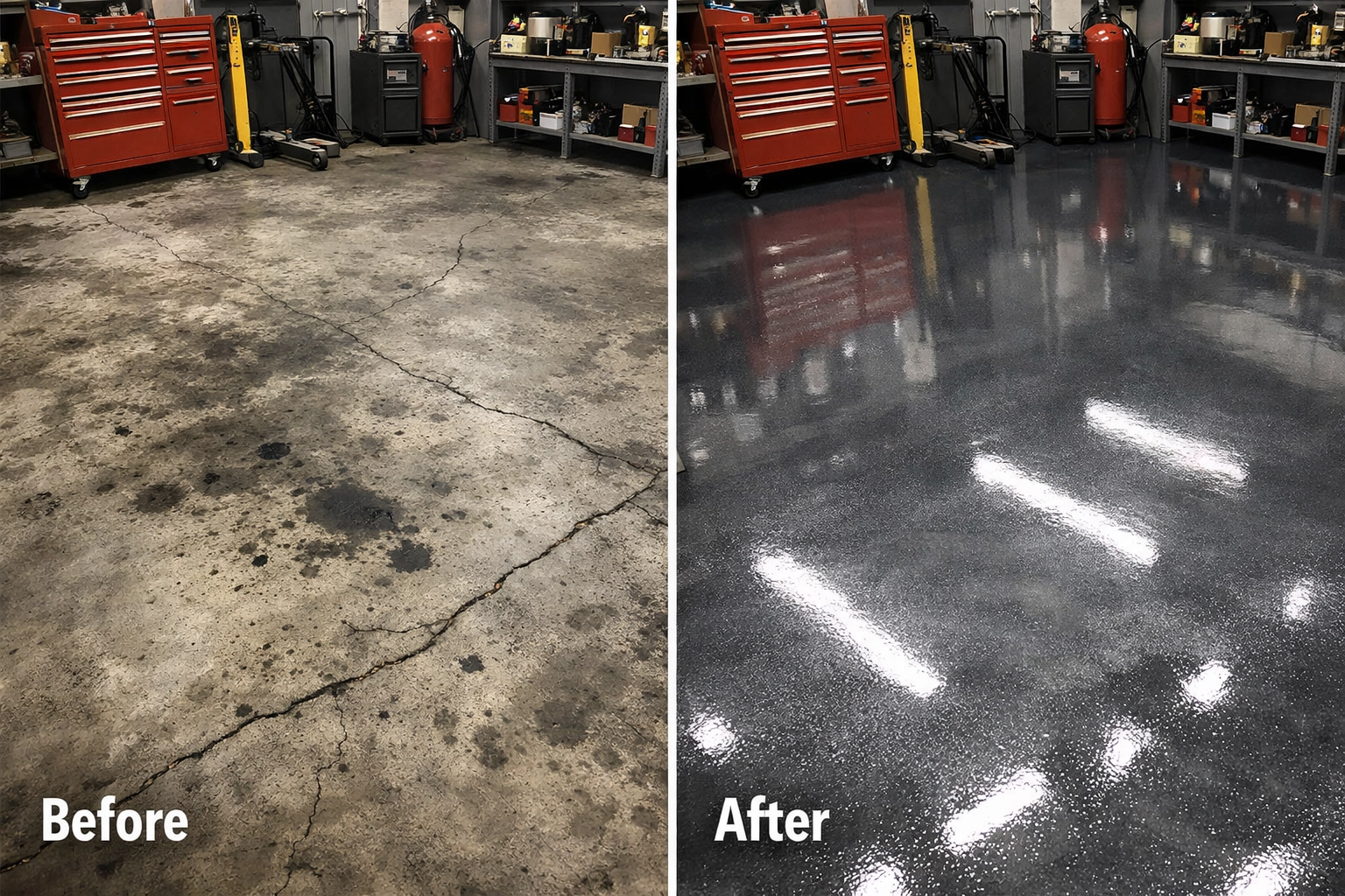 Before and after comparison of Brandon workshop floor with epoxy coating transformation
