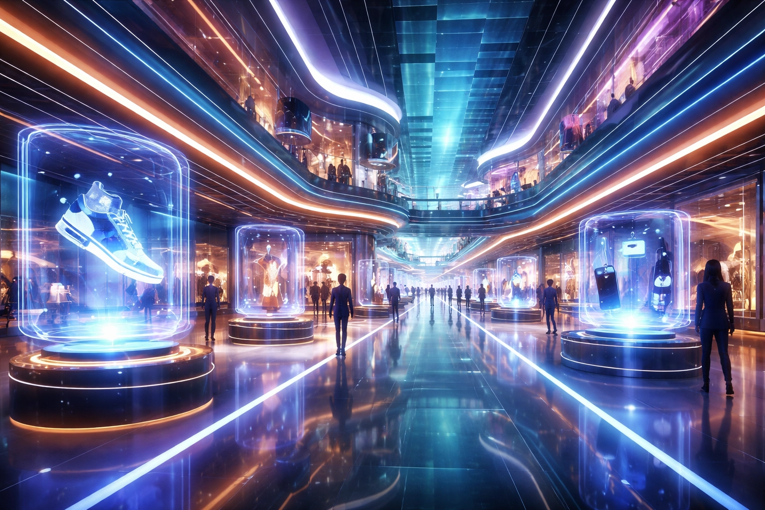 A futuristic virtual shopping mall with holographic product displays and avatar shoppers, illustrating metaverse commerce and immersive crypto payments.