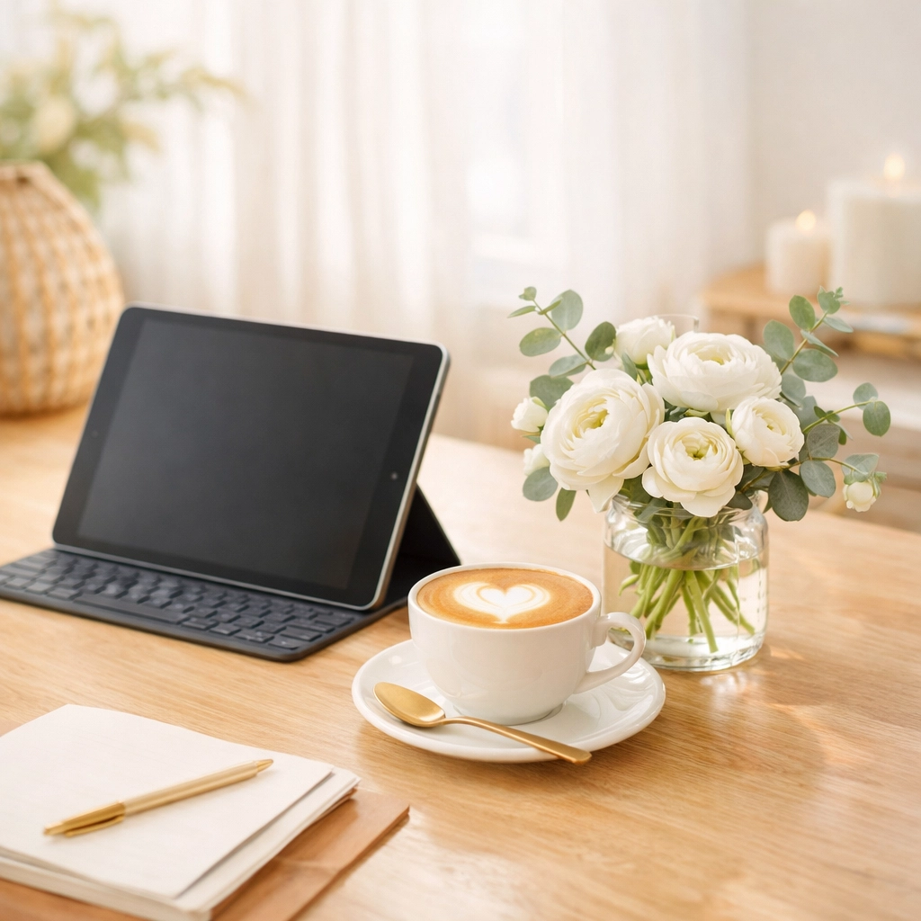 A minimalist workspace with a tablet used for organized wedding funding and digital RSVP management.