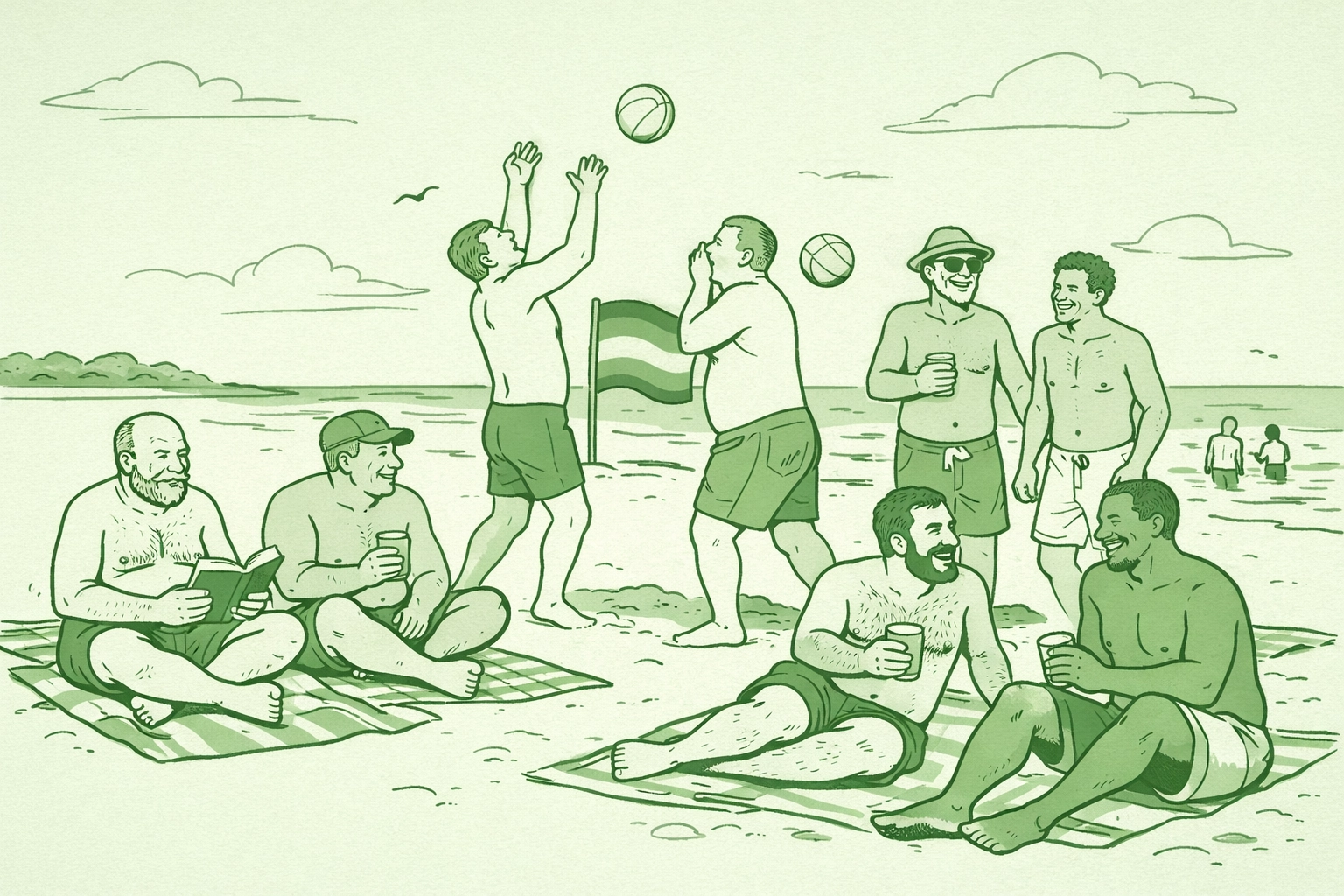 Gay men enjoying Haulover Beach's inclusive community with rainbow pride flag in Florida