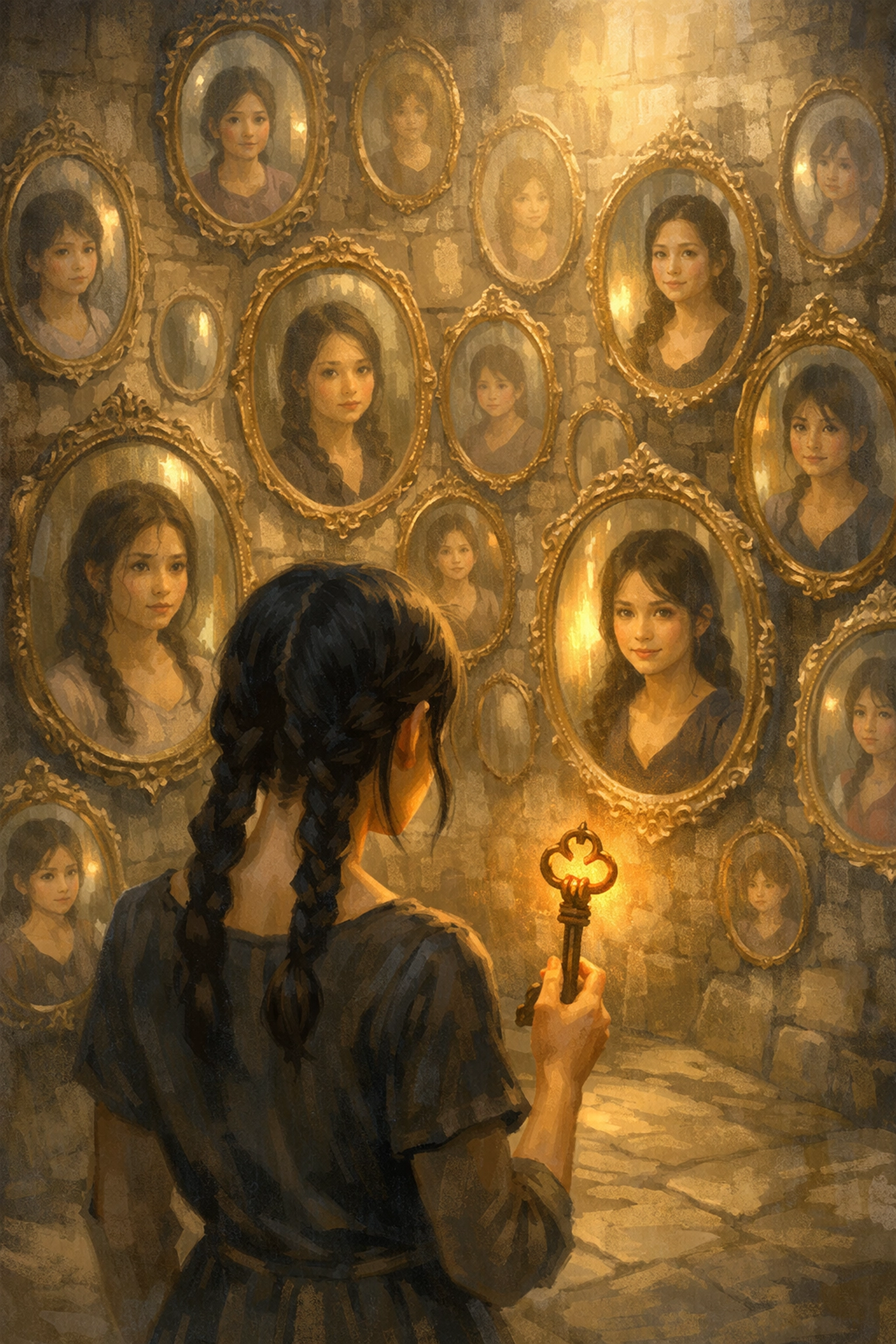 Elara stands in the Chamber of Seeing surrounded by mirrors reflecting her journey with the iron key