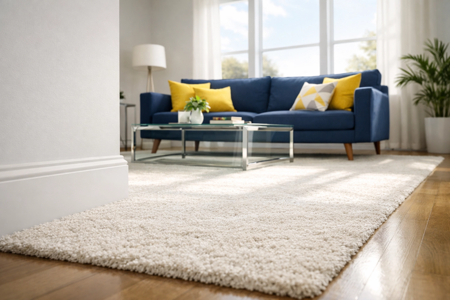 Sunlit living room with perfectly clean baseboards following a thorough house cleaning Worcester MA.