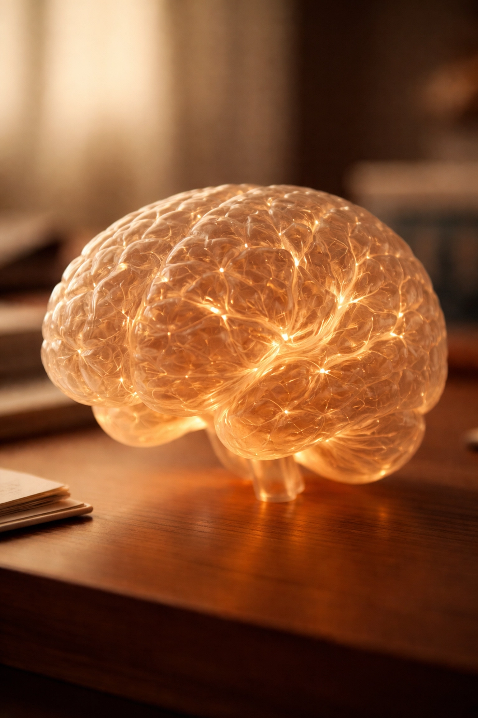 Transzparens agymodell meleg fényben, bemutatva a neuroplaszticitást és agyi jutalmazási rendszert