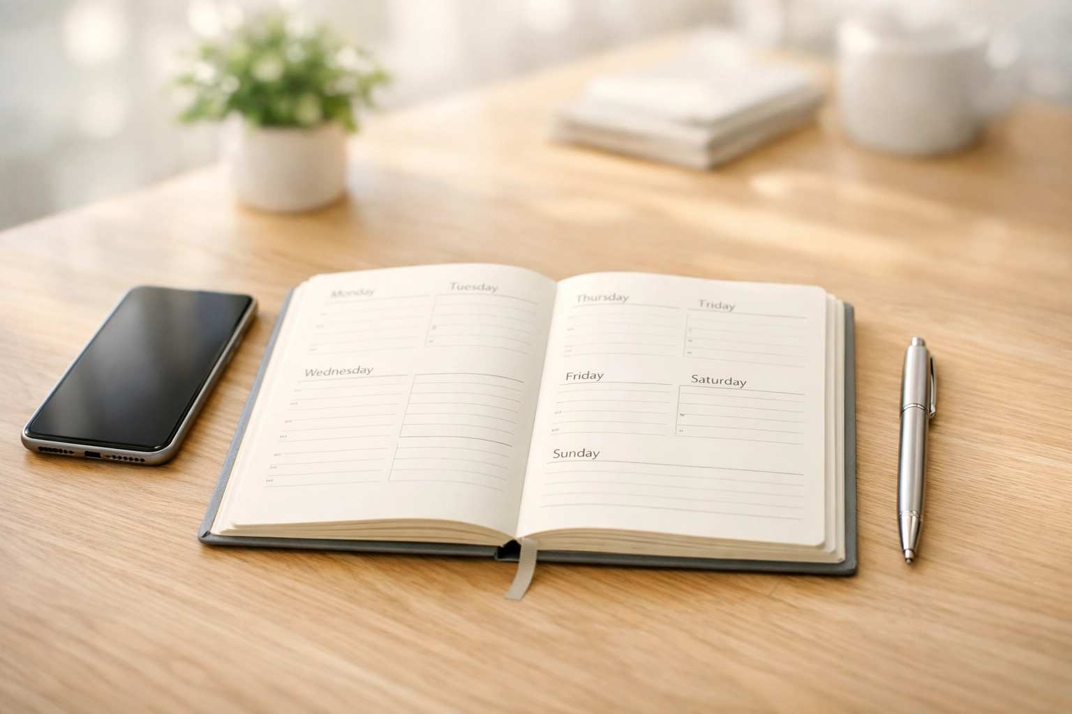 Minimalist desk with a planner and smartphone for organizing a cash advance Canada.