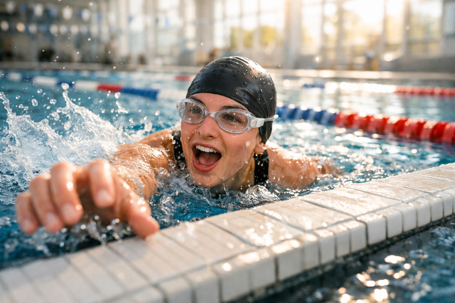 Nadador principiante tocando el borde de la piscina tras completar un largo de entrenamiento