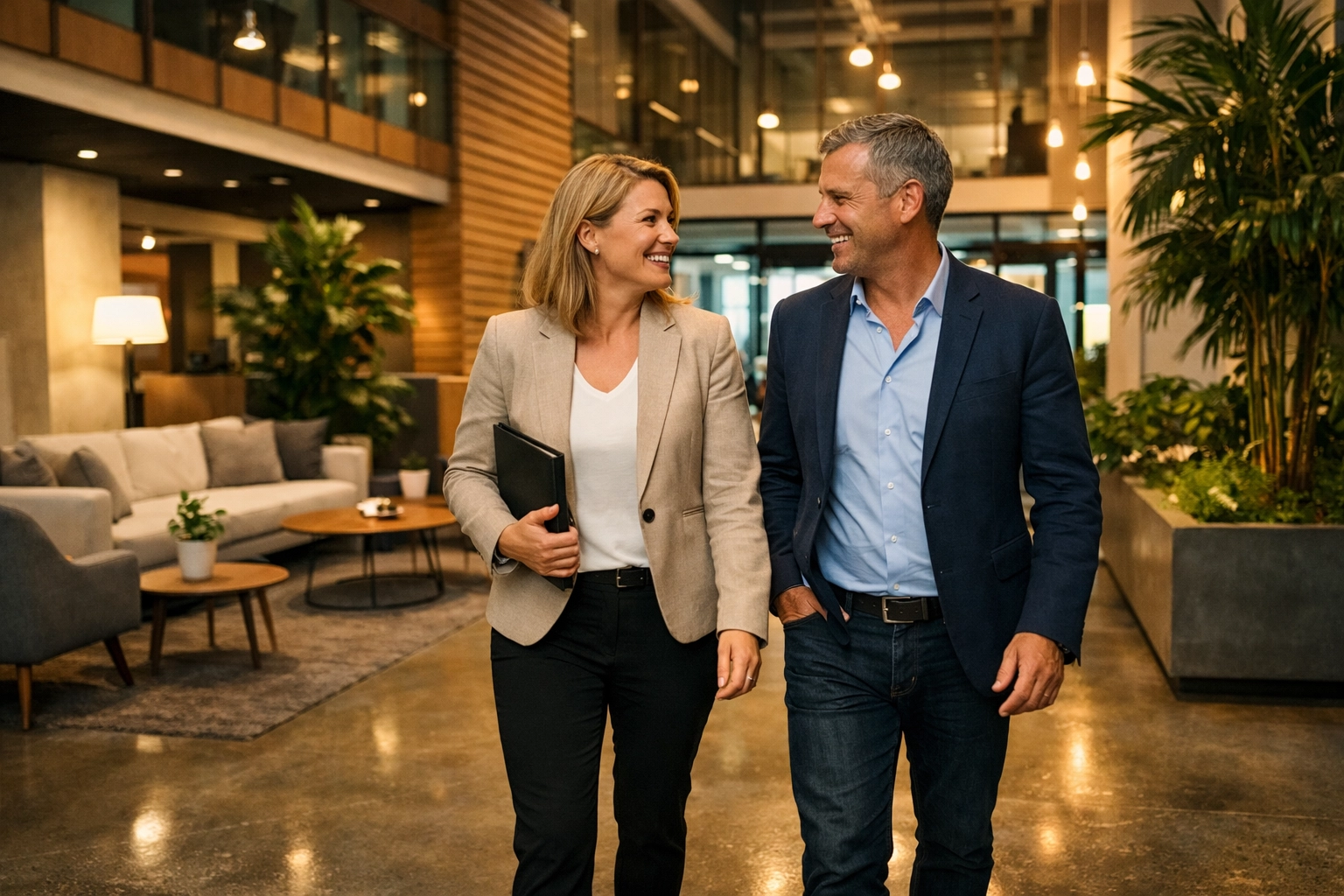 ServiceNow consulting services partner and client discussing a successful project outcome in a modern office.