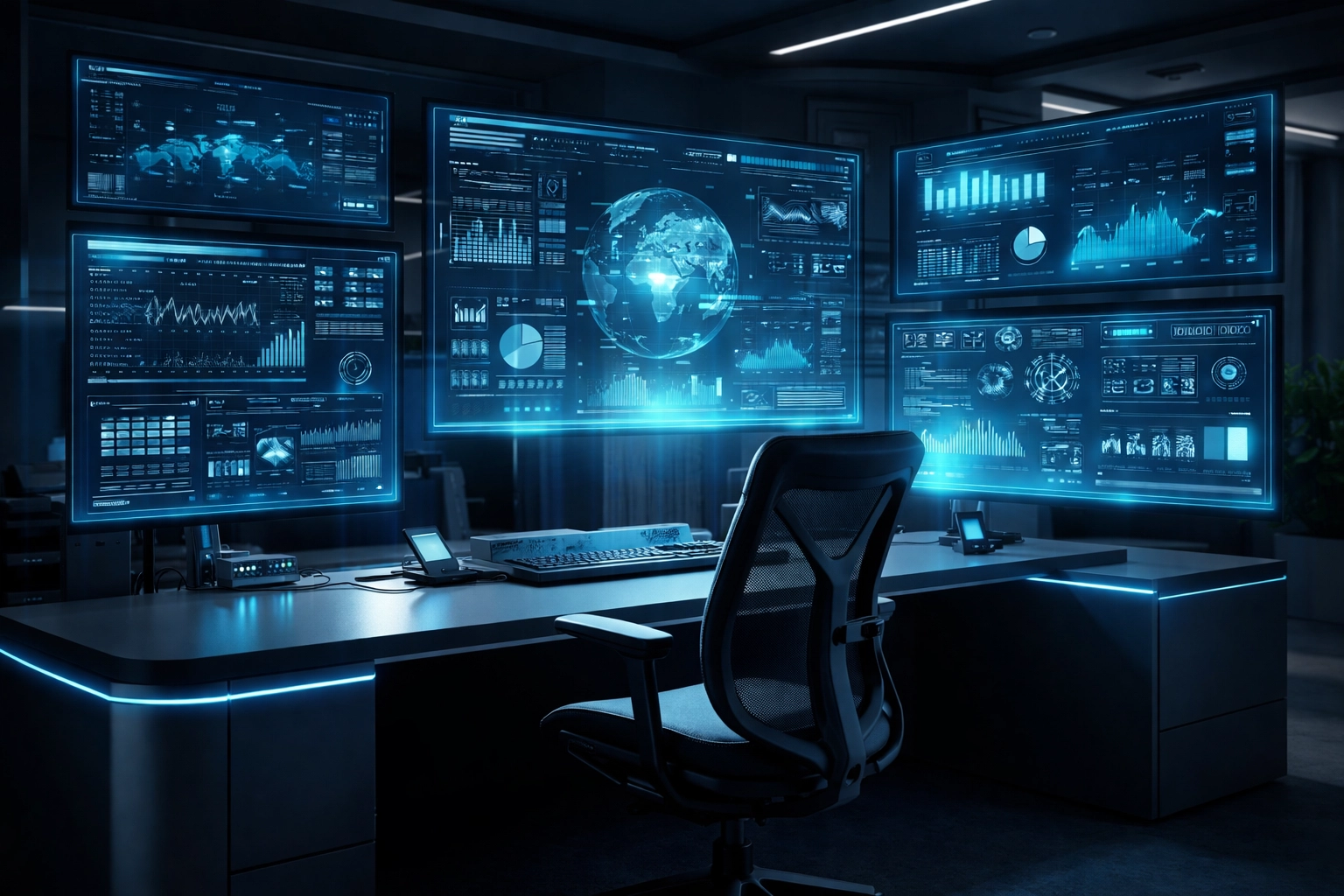 Futuristic office workspace with holographic screens, representing AI automation and proactive business solutions