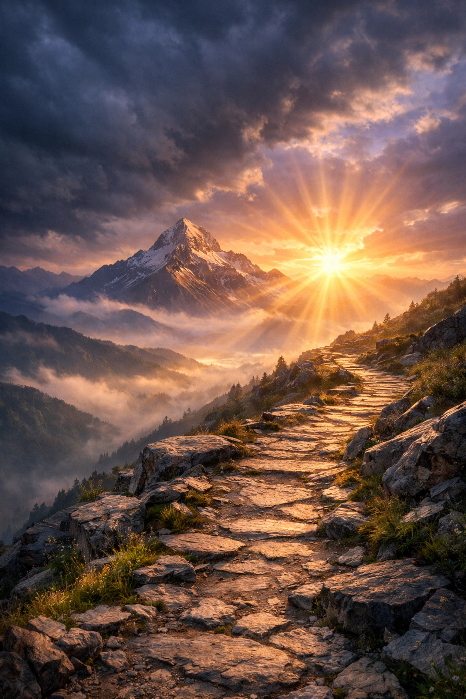 A scenic mountain path at sunrise representing hope and a new chapter in a grace-centered journey.