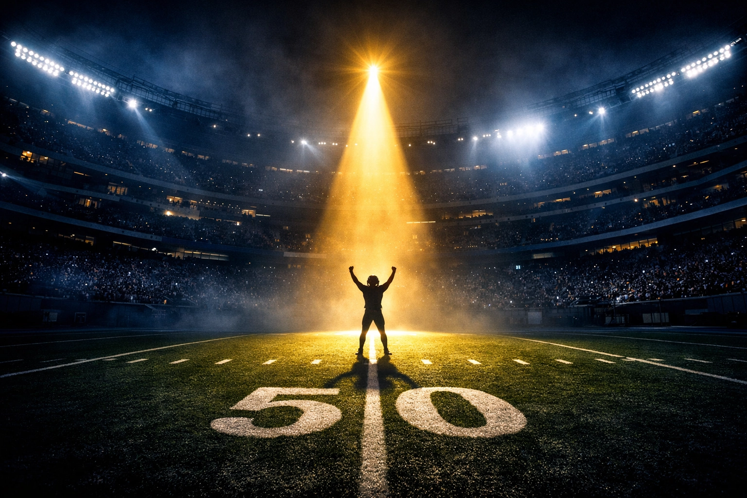 Spotlight on an athlete in a dark stadium representing the massive ROI gap in Super Bowl commercials.