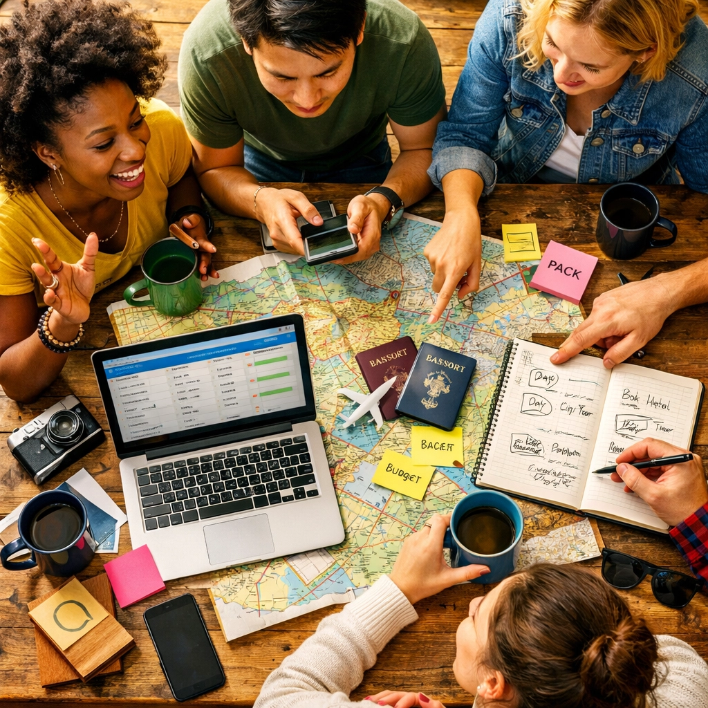 Friends collaborating around table with maps and laptops planning group trip together