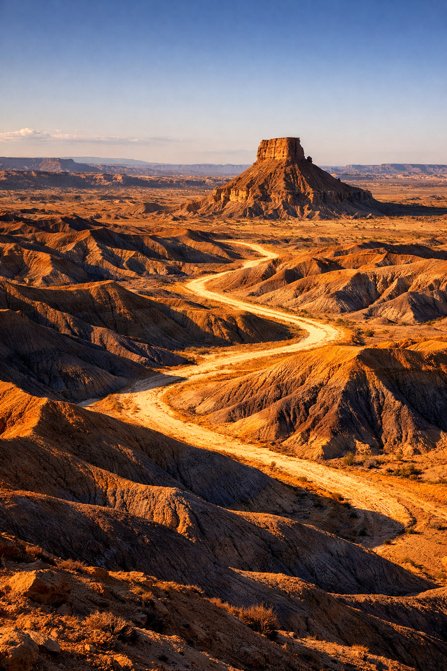 Dramatic desert badlands with side lighting and leading lines to fix landscape composition mistakes.