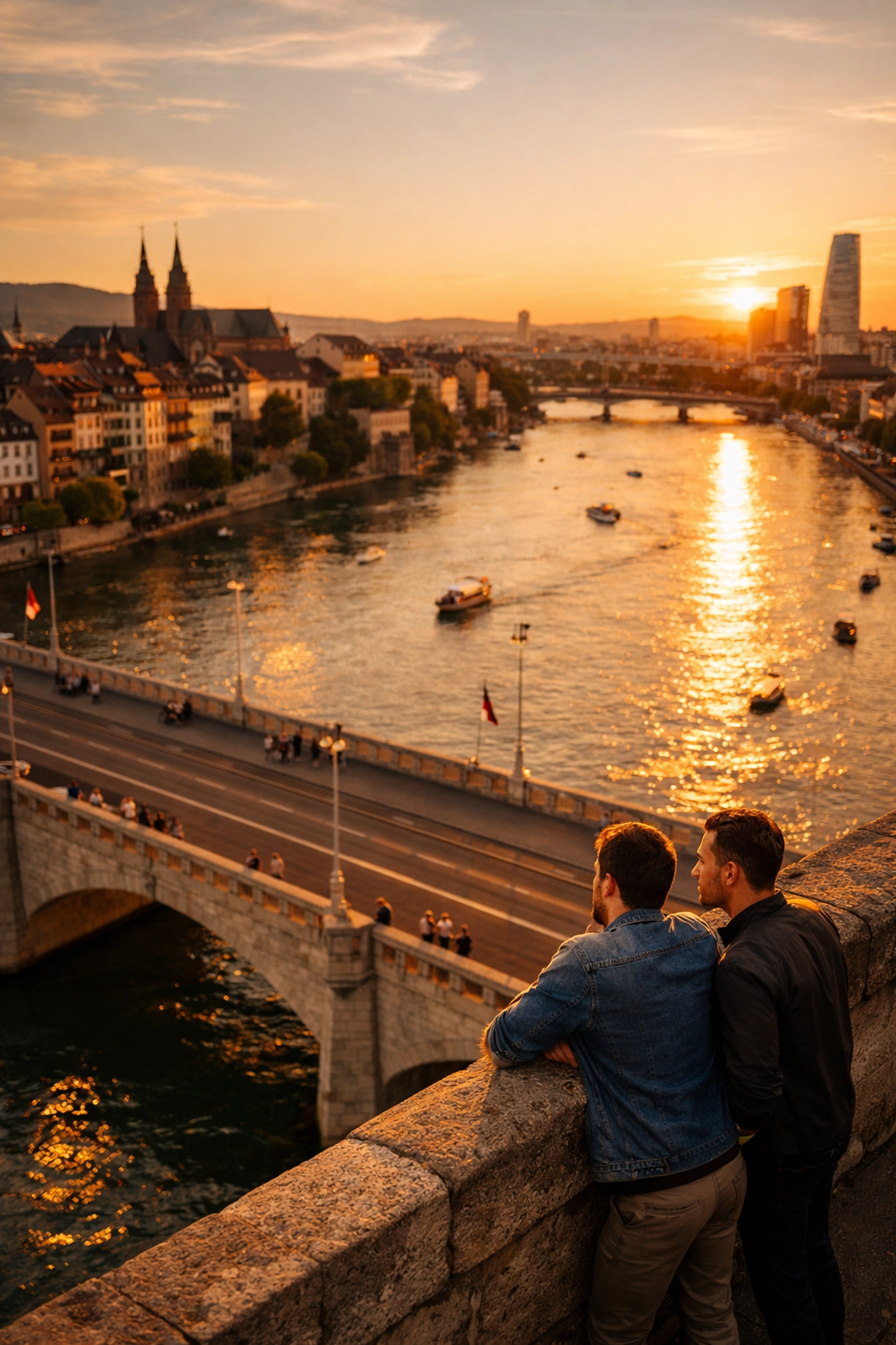 Two men enjoying sunset view on Basel's Mittlere Brücke over the Rhine River