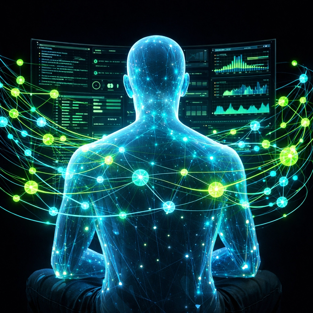 A person interacting with a futuristic AI assessment interface powered by intelligent automation.