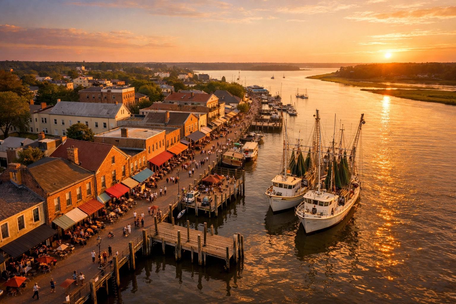 Historic Swansboro waterfront with marina and shrimp boats in coastal North Carolina