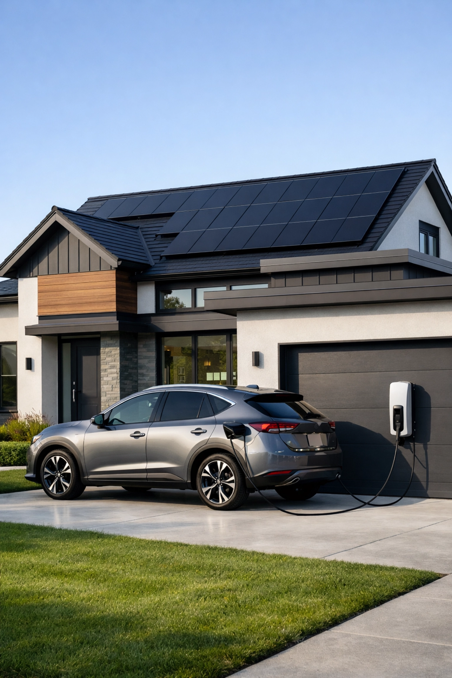 Modern home with sleek solar panels and an electric vehicle charger for high energy ROI.