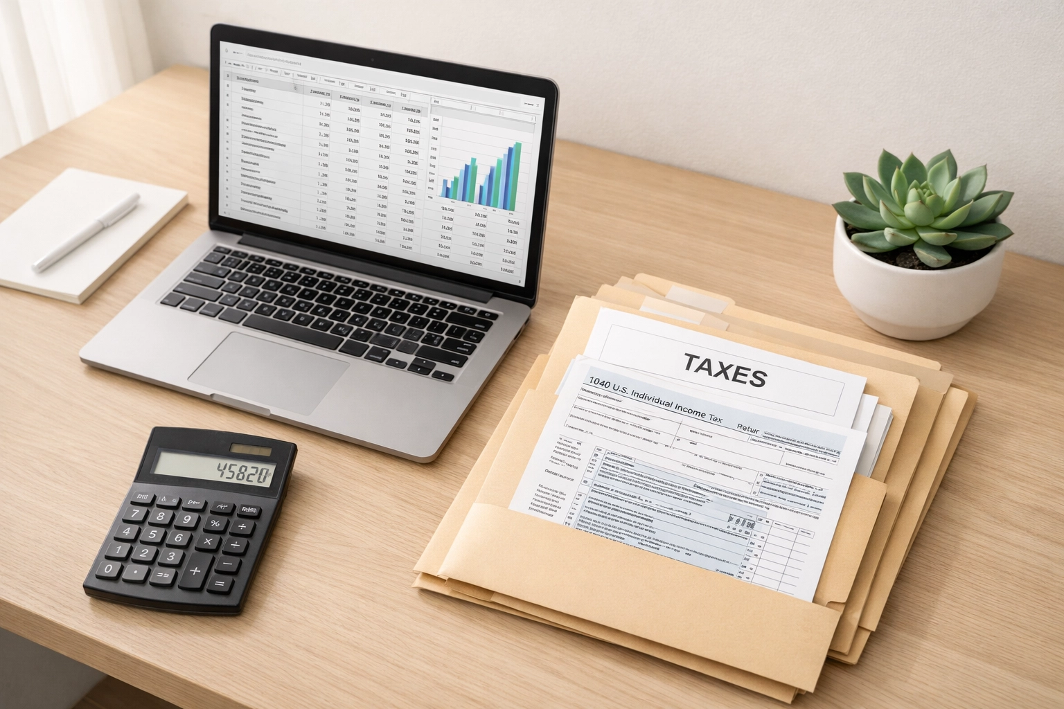 Tax professional workspace with calculator and organized tax documents for 2026 deduction planning