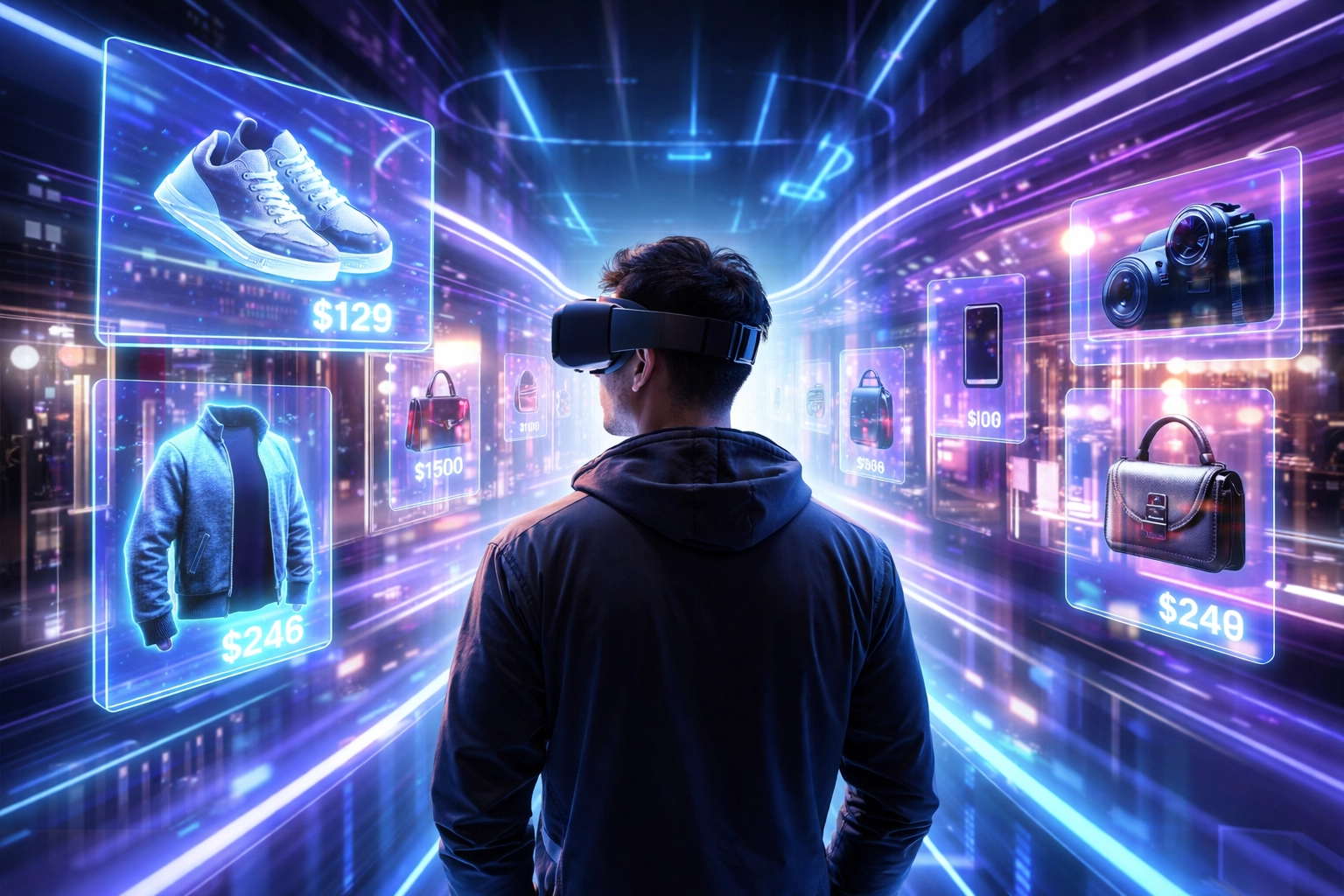 A shopper wearing a VR headset browses digital storefronts surrounded by holographic product displays, highlighting immersive metaverse shopping experiences.