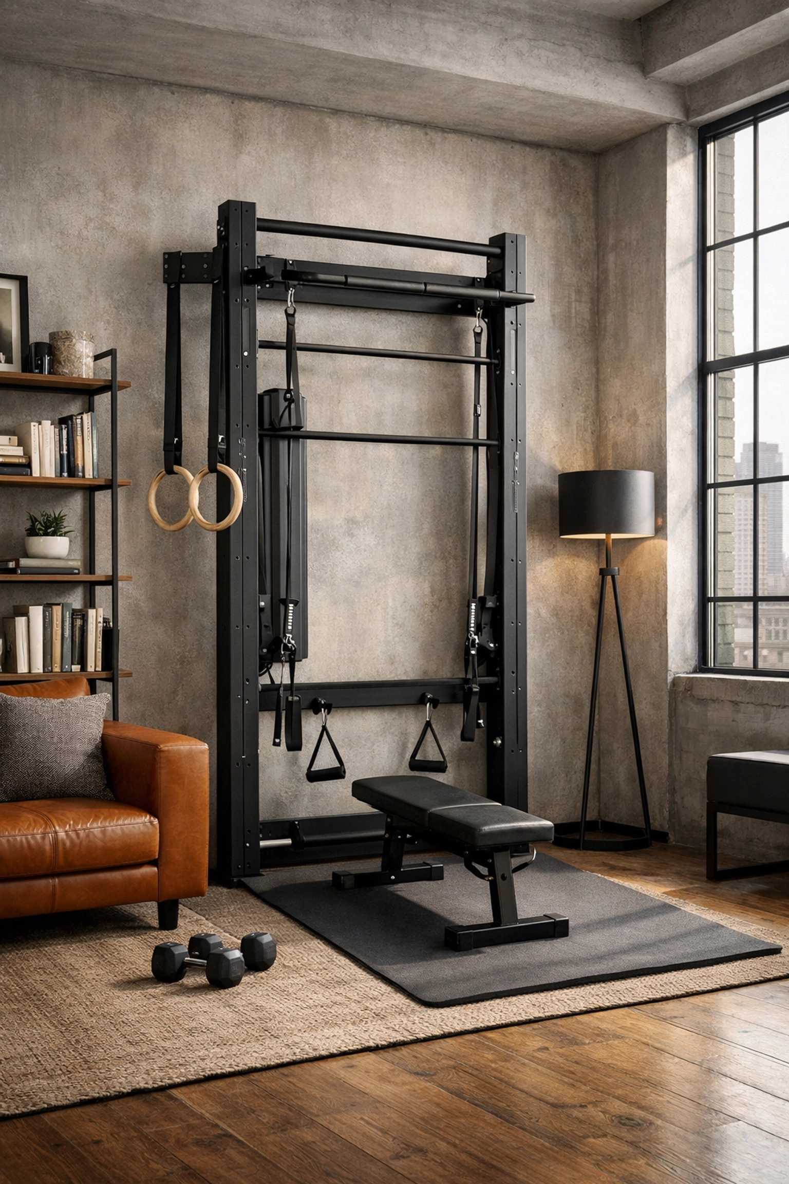 The Resistance Rail as a sleek, no wall damage workout system integrated into a modern home gym setup.