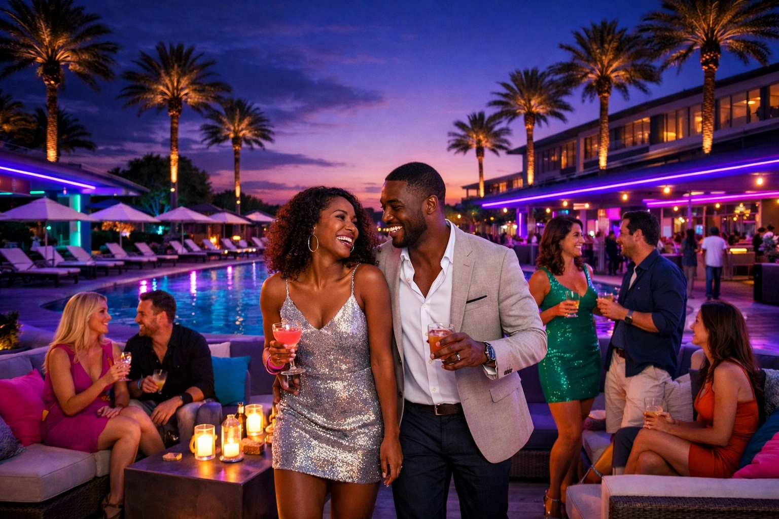 Adults socializing at a high-energy resort pool, highlighting the excitement of a Lifestyle Resorts booking.