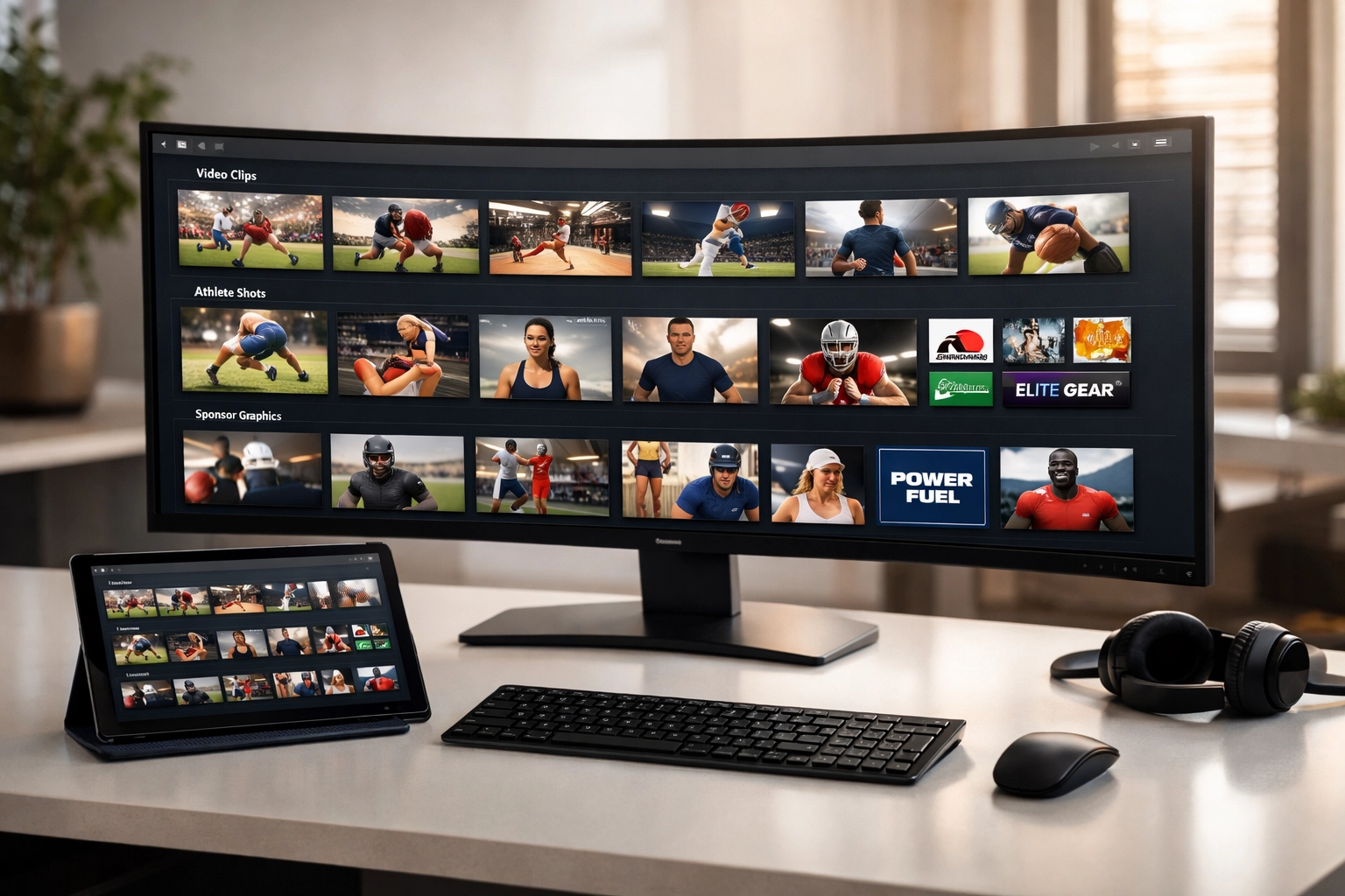 Sports marketing agency workspace with centralized media asset management system displaying organized content