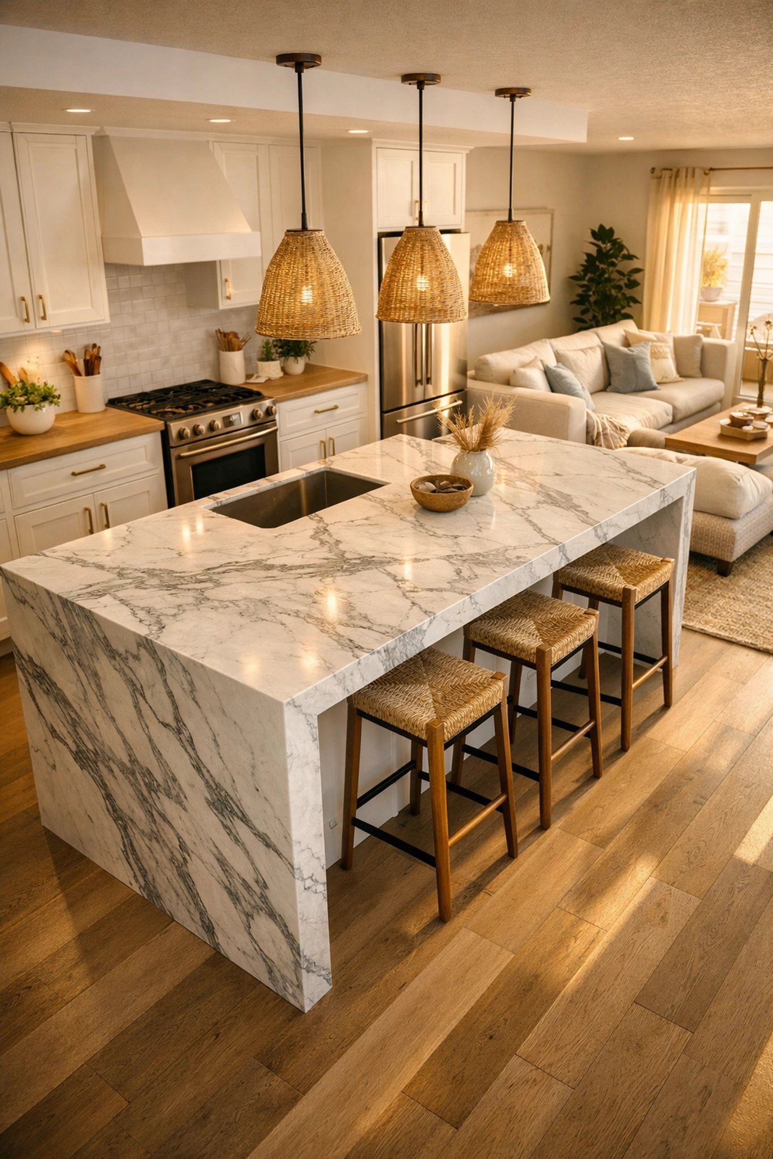 Kitchen island acting as room divider in open plan extension with defined zones