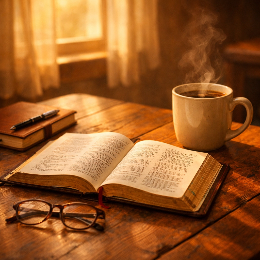 Open Bible with coffee and journal on table in peaceful morning light for prayer time