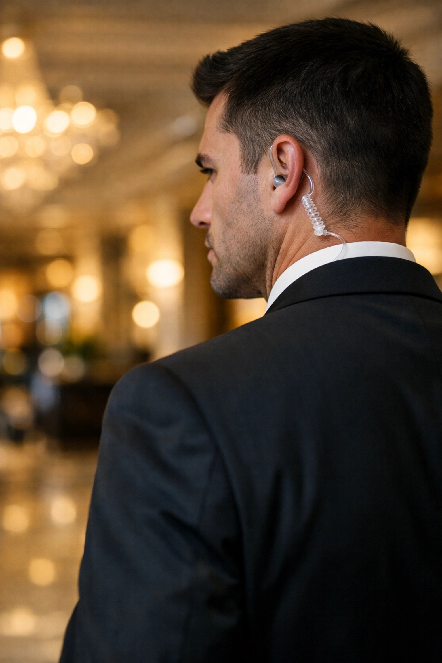 A professional executive security agent providing discreet VIP protection in a luxury hotel.