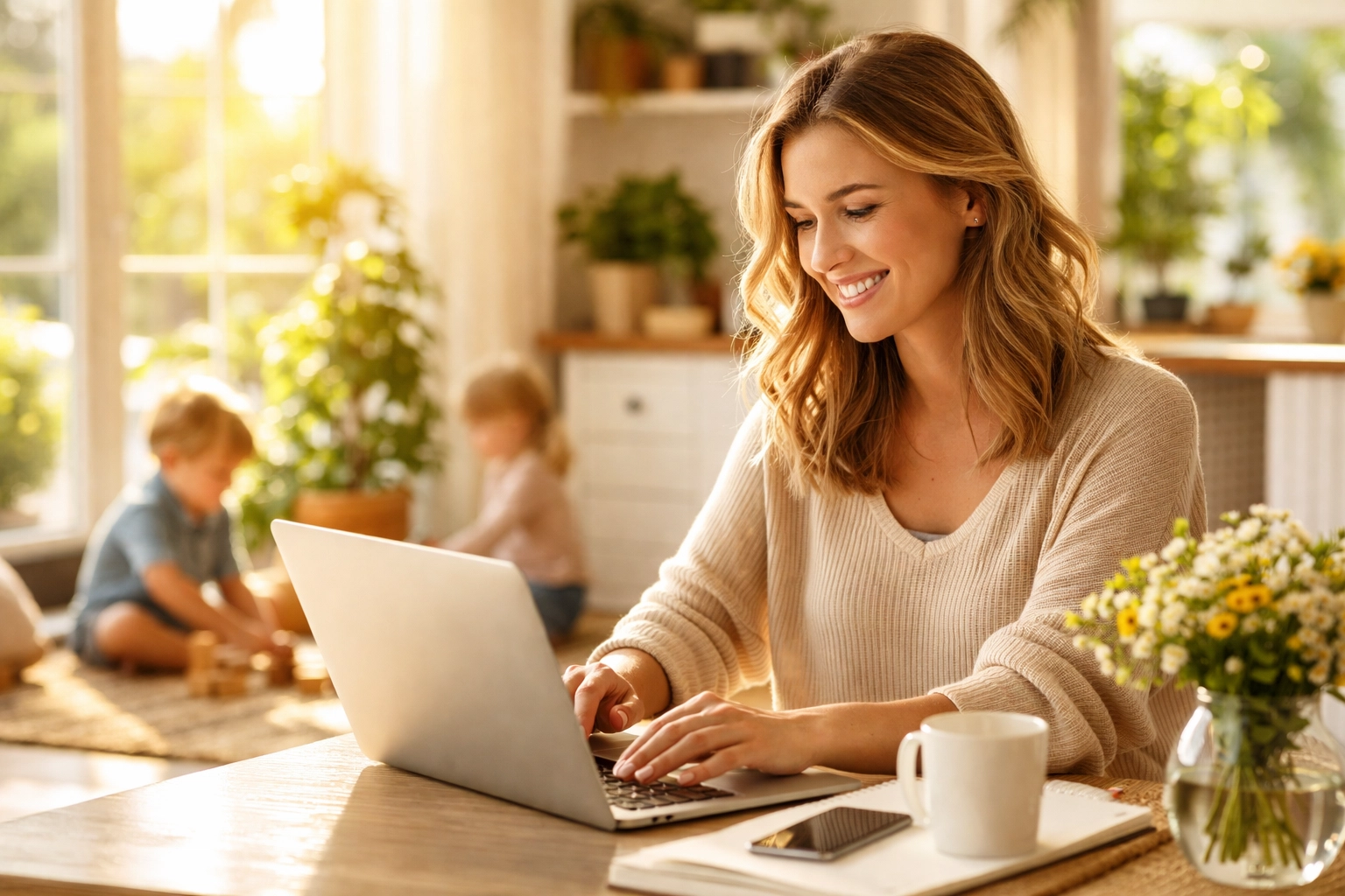 Mother working from home planning vacations on her laptop while her kids play happily nearby.