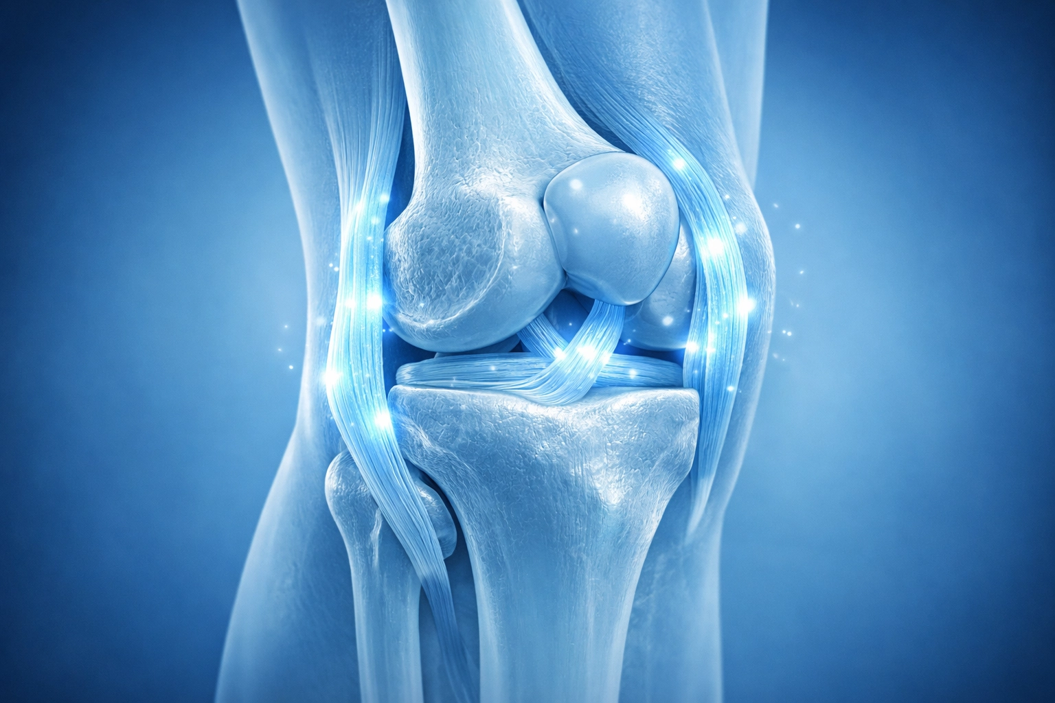 Knee joint tissue repair visualization with tendons and ligaments highlighted in a cool blue medical render