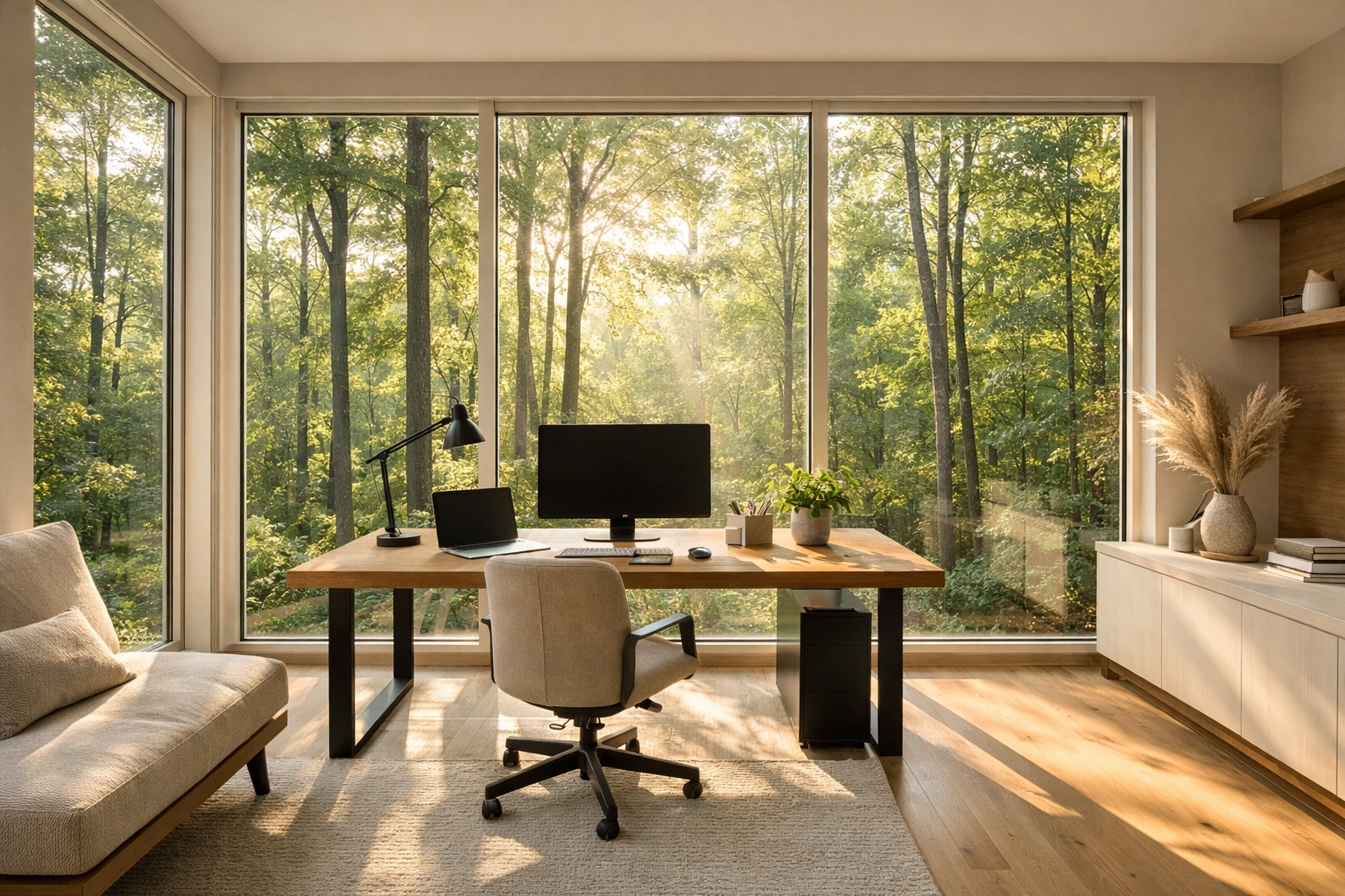 Modern home office with large windows overlooking peaceful North Carolina woodland.