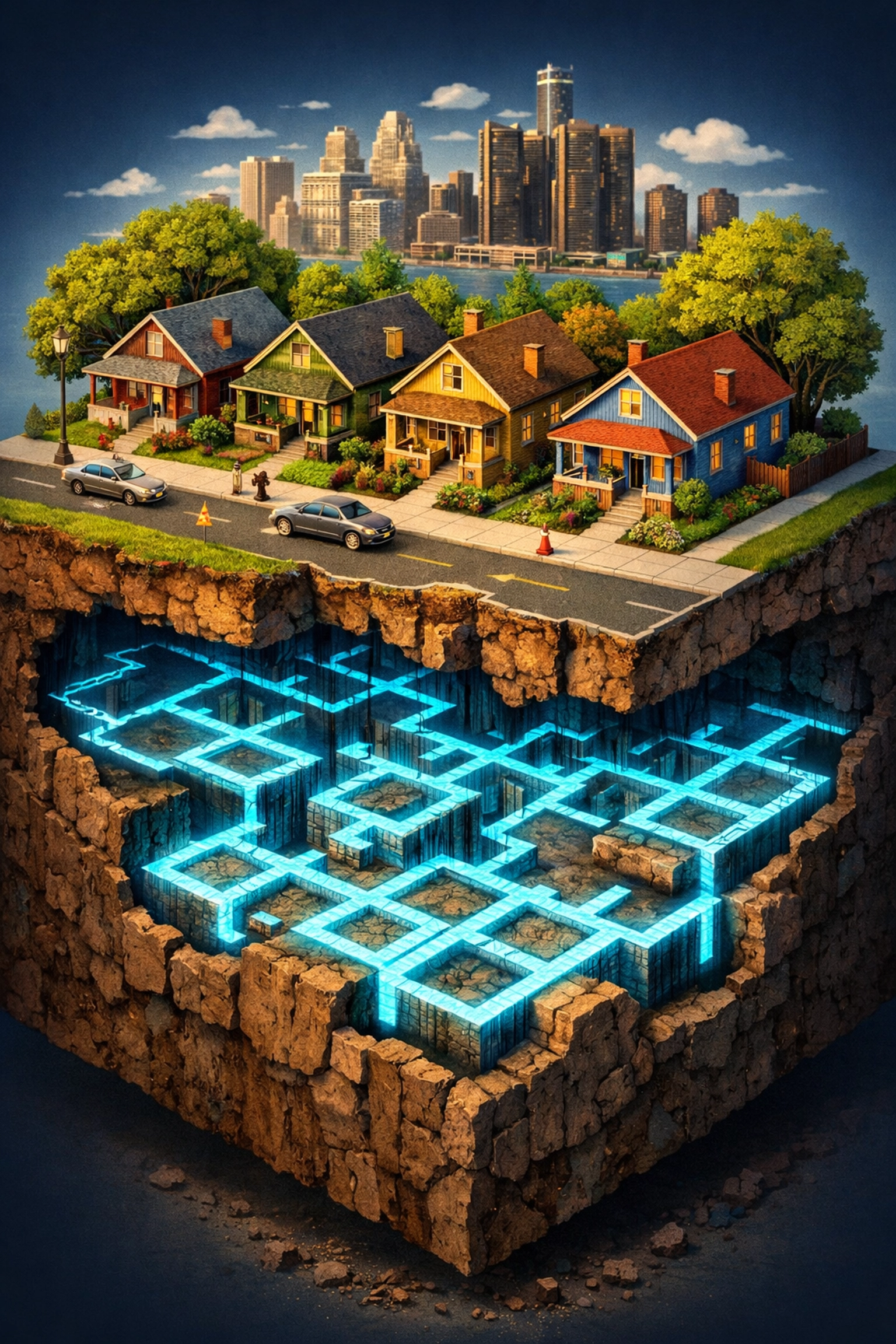 Cross-section illustration of Detroit houses and the glowing salt mine grid beneath property lines.