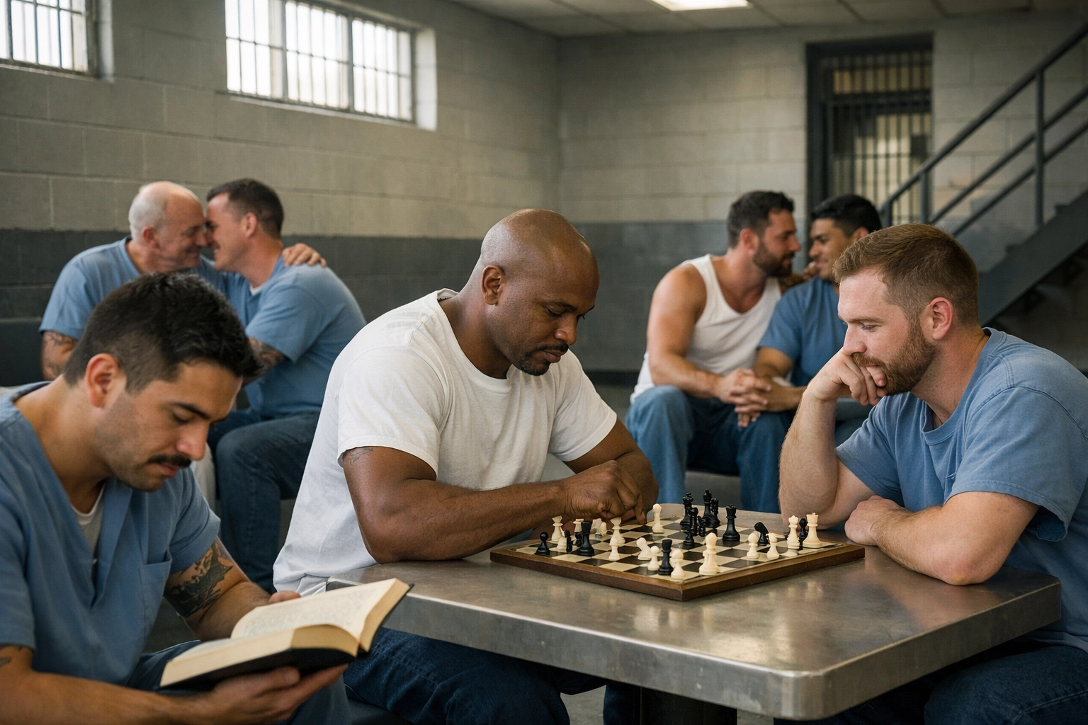 Gay men in prison common area reading and connecting through activities and community