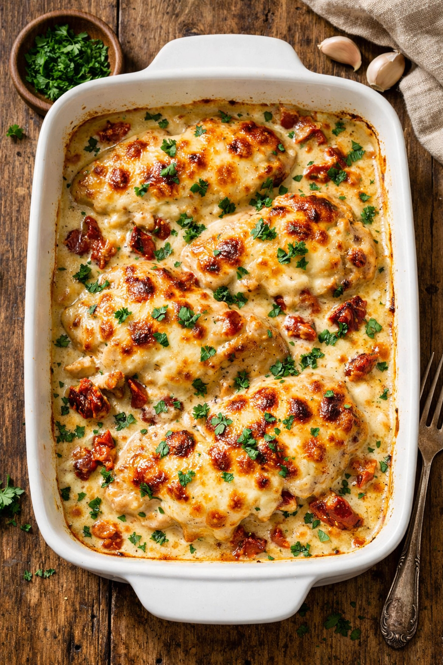 Creamy sun-dried tomato chicken with melted mozzarella in a white baking dish, ready to serve