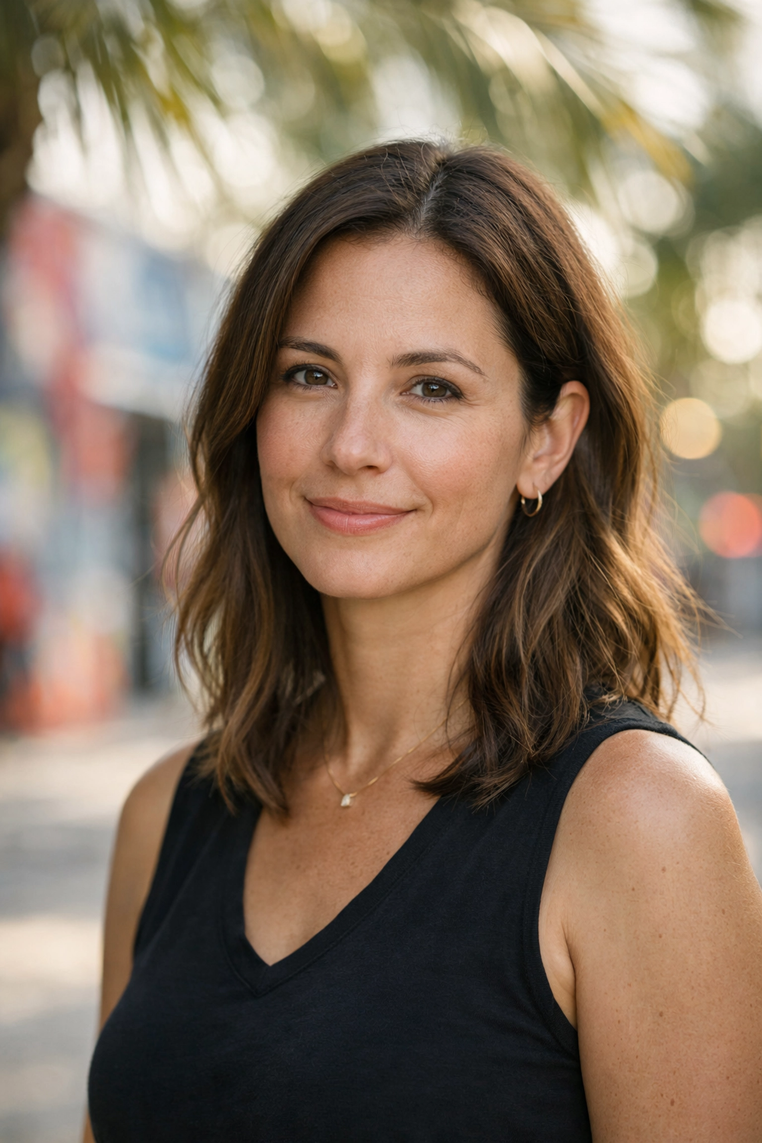 Professional portrait in Wynwood Miami with natural skin retouching and soft background bokeh from Luminar Neo.