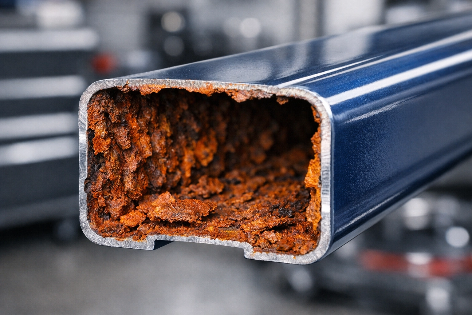 Internal chassis corrosion inside a hollow box section, illustrating the need for cavity wax treatment.