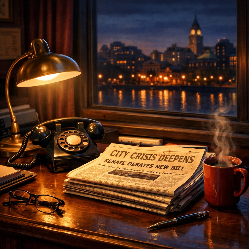Vintage newsroom desk with lamp and newspapers representing calm, trusted journalism
