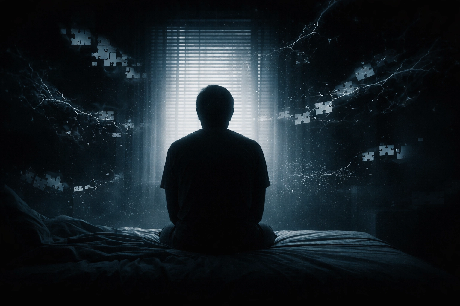 Silhouette einer Person in einem düsteren Raum, spiegelt Einsamkeit und Trauma-Bewältigung wider