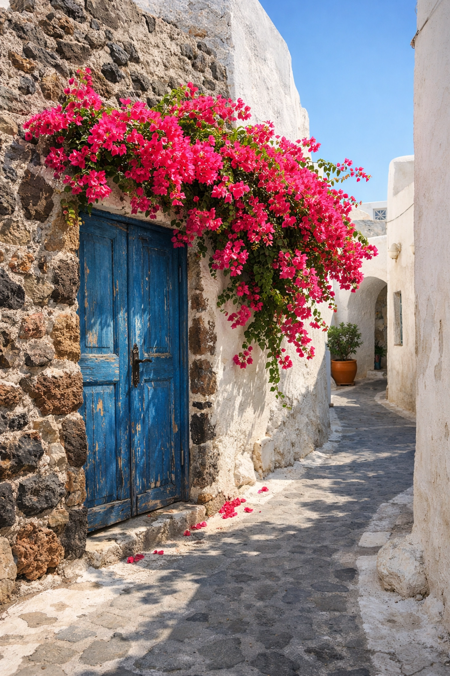 A quiet cobblestone alley in Pyrgos village with white walls and pink bougainvillea flowers in Santorini.