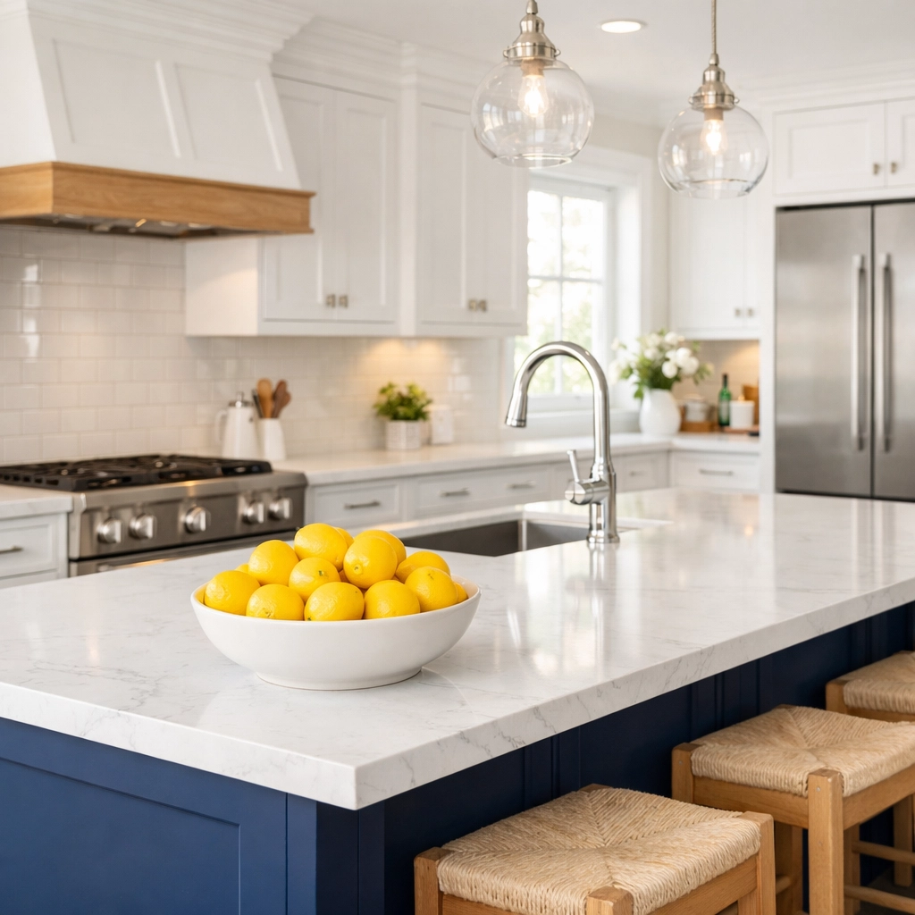 A bright, modern kitchen in a Natick home perfectly maintained with professional residential cleaning services.