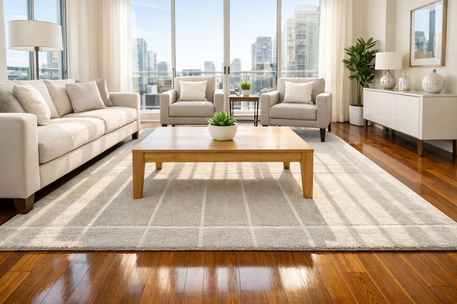 Sunlit luxury apartment living room with pristine floors after a professional Midwest property turnover service.