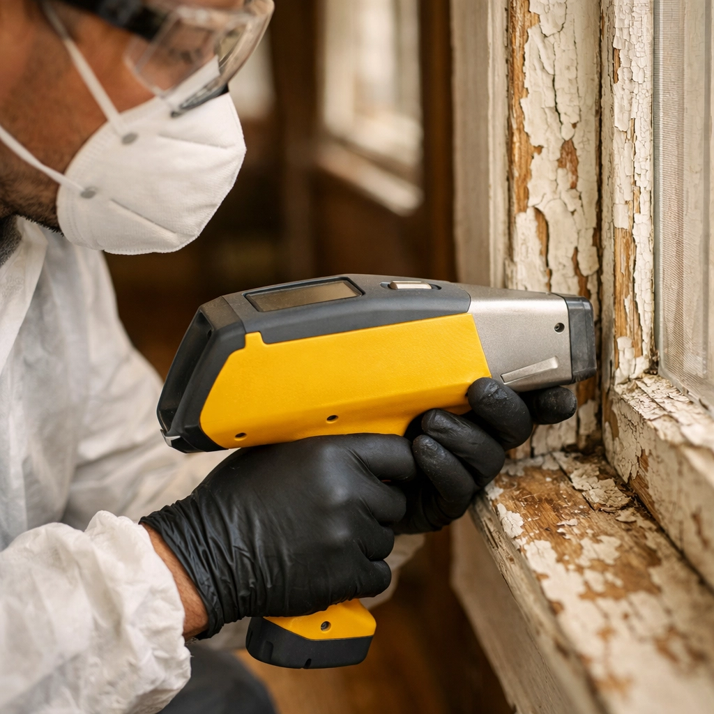 Lead testing inspector examining window frame for lead paint in Chester County home